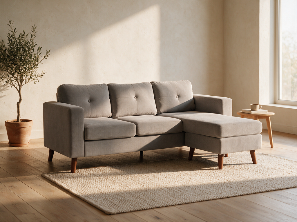 Le Petit — canapé d'angle compact dans le salon PLOUMO