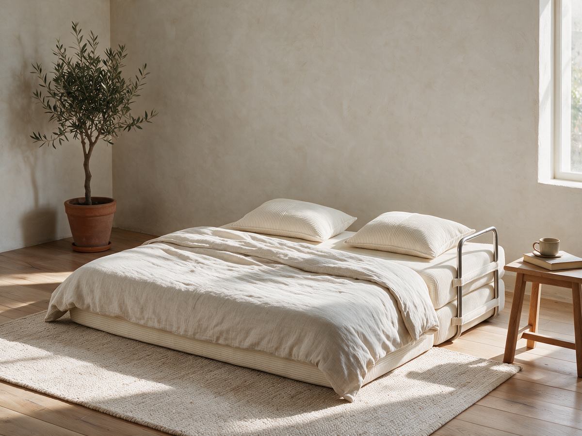 Canapé-lit La Sieste déplié en lit avec couette en lin